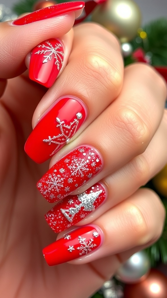 Close-up of red Christmas nail art with glitter and festive designs.